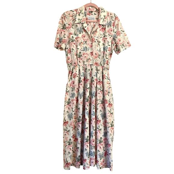 Vintage 80s Periwinkle Belted Shirtdress 6 White Floral Coquette Cottage Pinup - Picture 2 of 16